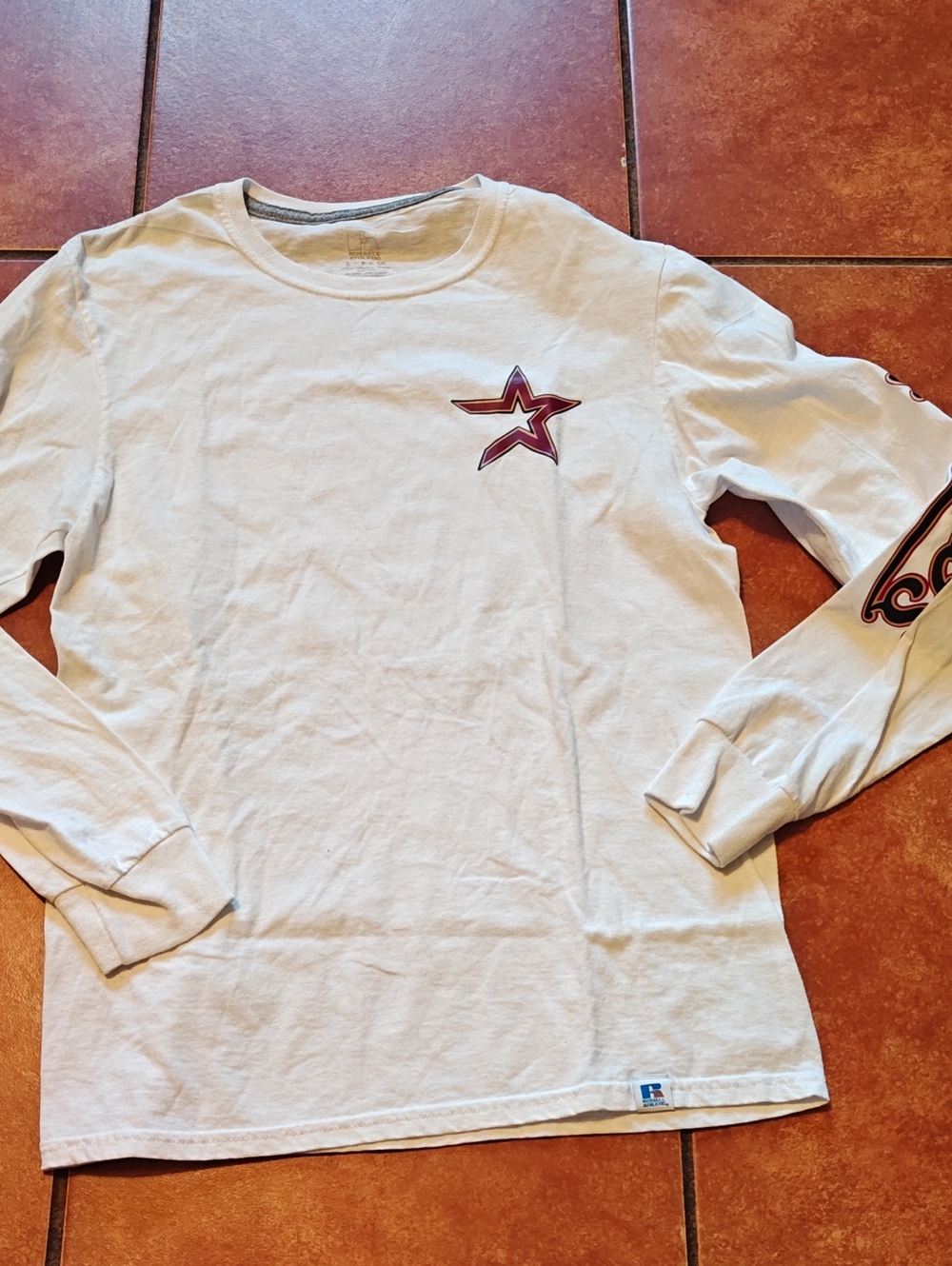 Russell Athletic White Long Sleeve Shirt with Red Star Graphic